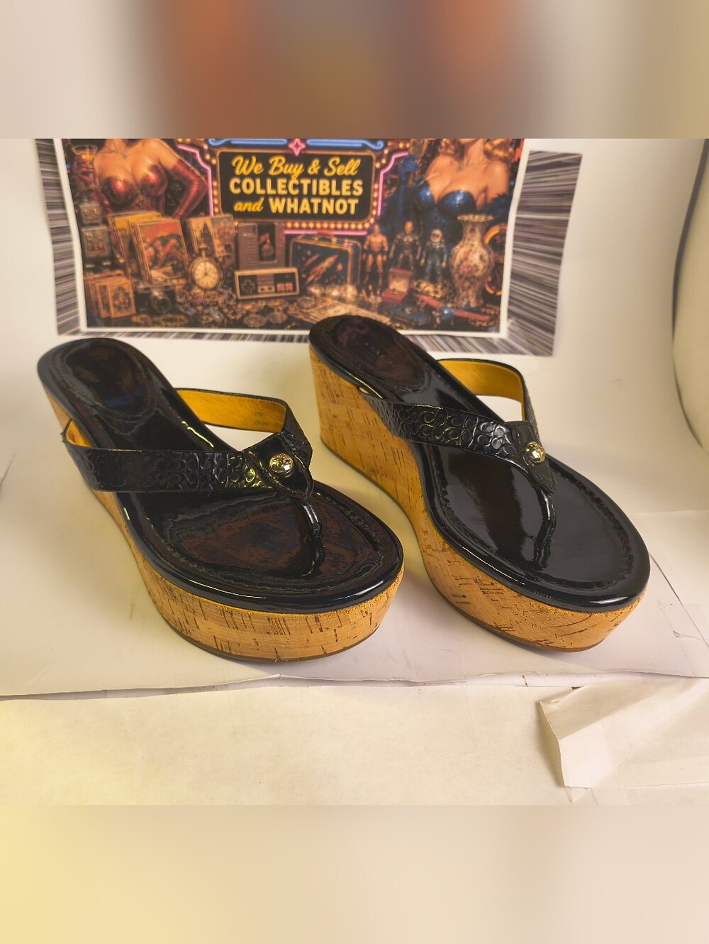 Coach Jorgina 5B Black Patent Leather Logo Thong Cork Platform Wedge Sandals
